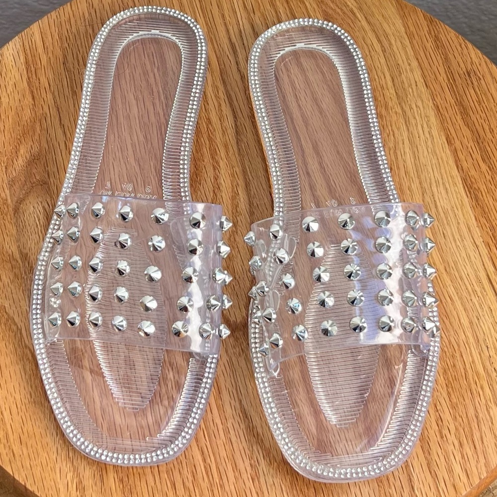 Transparent Jelly Studded Rhinestone Slide Sandal USA 9 Clear Flip Flop Slipper
